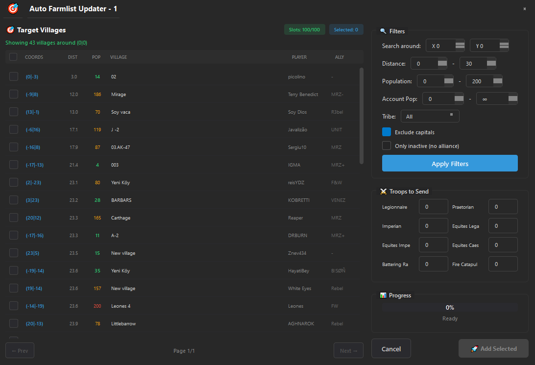TBot2 Add New Farms Modal with Filtering